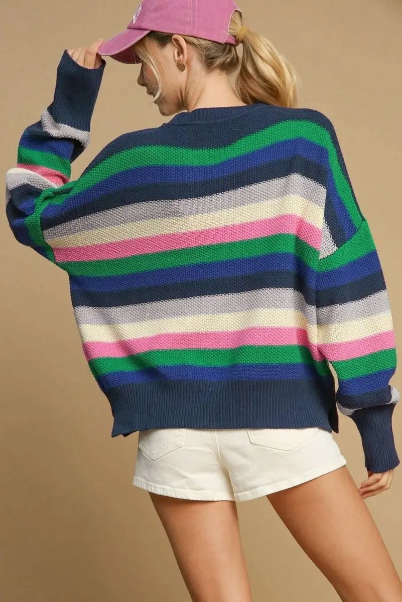 Vibrant Green Striped Drop Shoulder Crew Neck Sweater - Love Salve